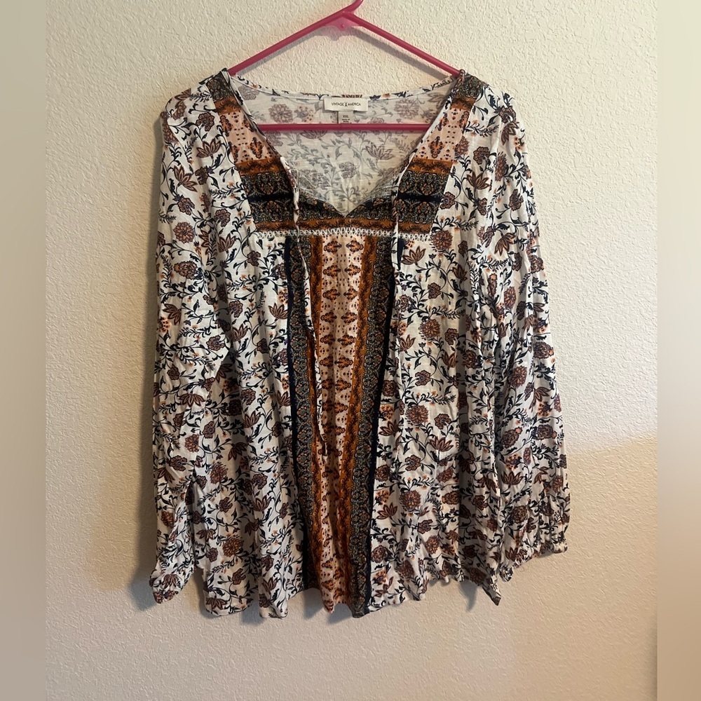 Brown Floral Vintage America Peasant Blouse Size XXL